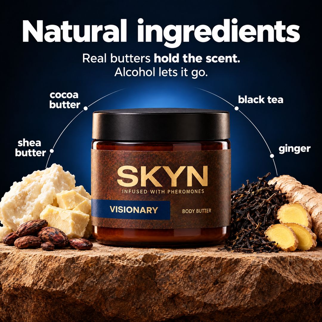 SKYN Visionary natural ingredients β shea butter, cocoa butter, black tea, ginger