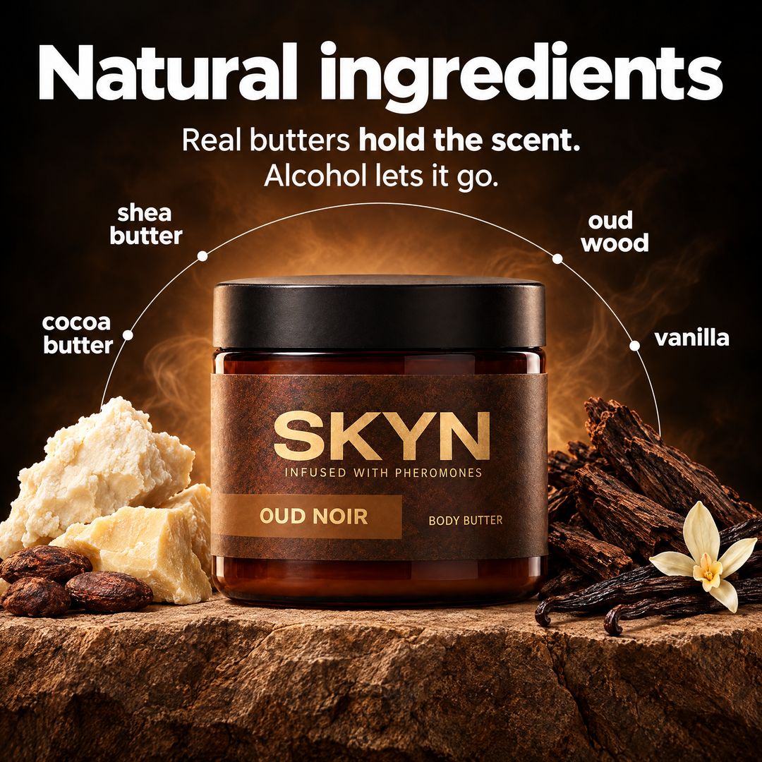 SKYN Oud Noir natural ingredients β shea butter, cocoa butter, oud wood, vanilla