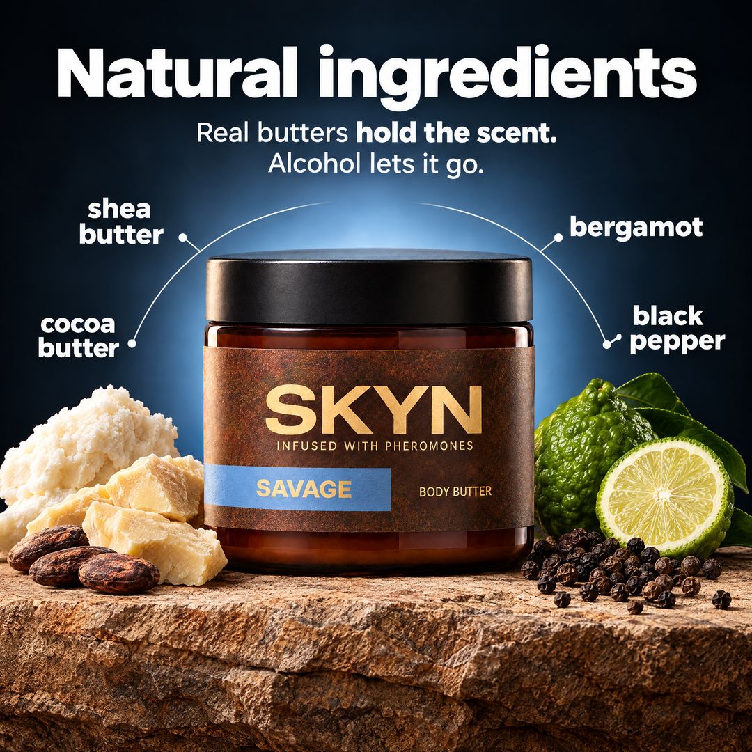 SKYN Savage natural ingredients β shea butter, cocoa butter, bergamot, black pepper