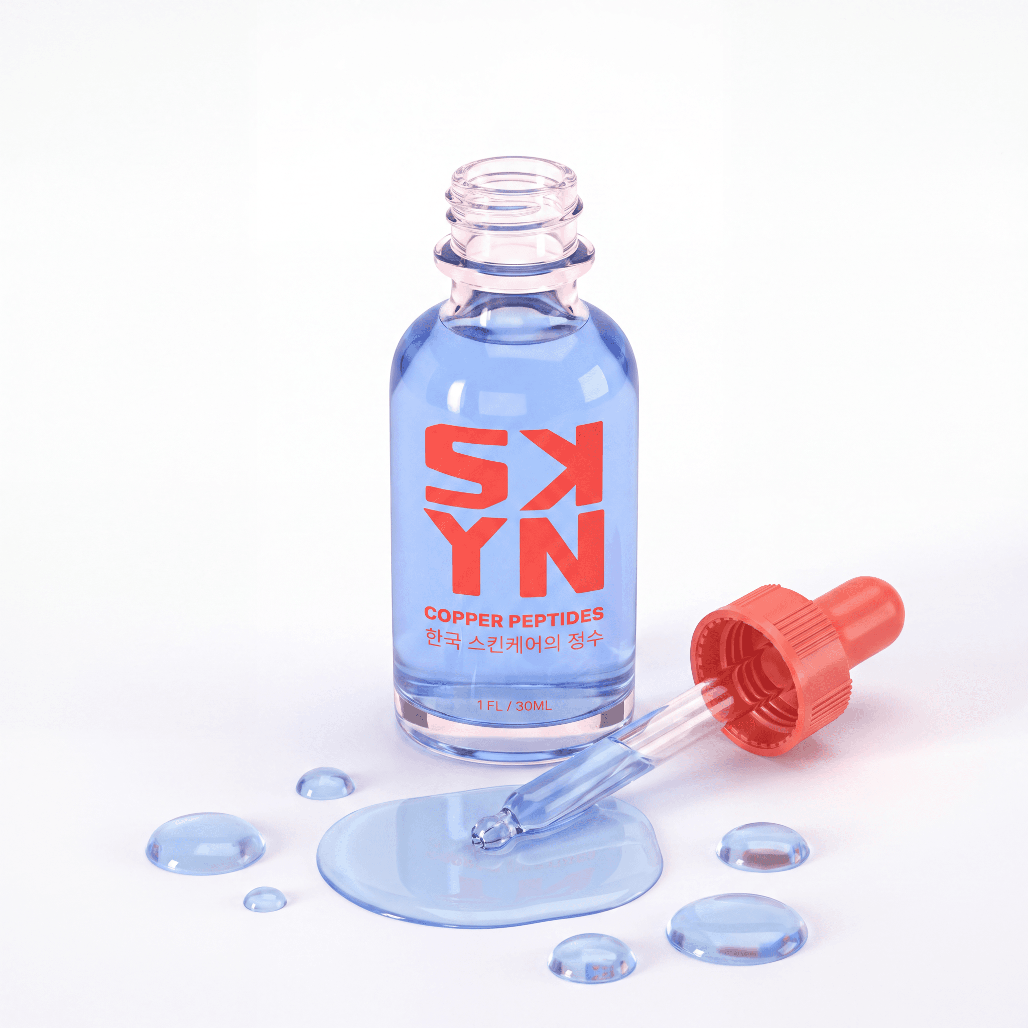 Open SKYN Copper Peptides Firming Serum bottle with dropper and serum droplets