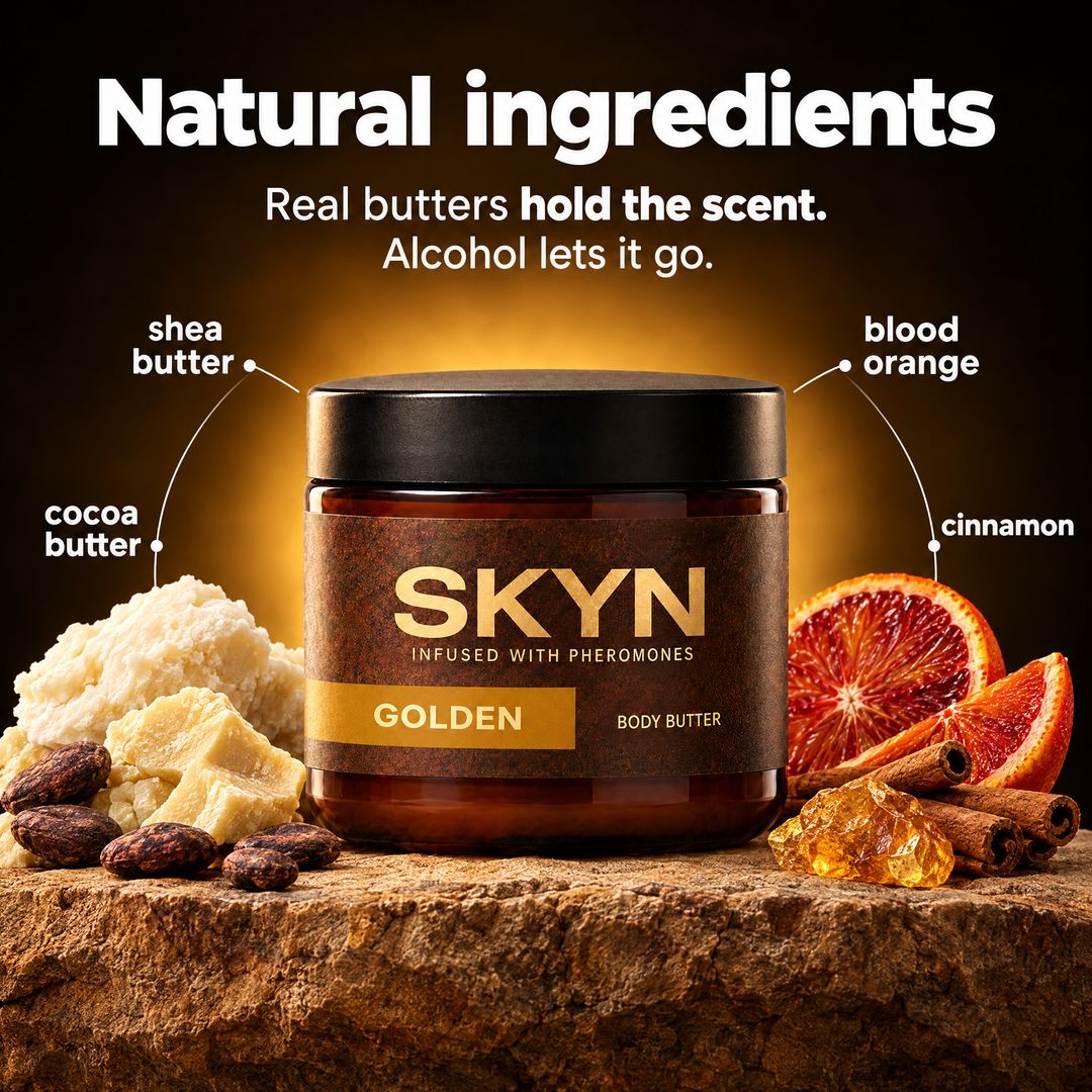 SKYN Golden natural ingredients — shea butter, cocoa butter, blood orange, cinnamon